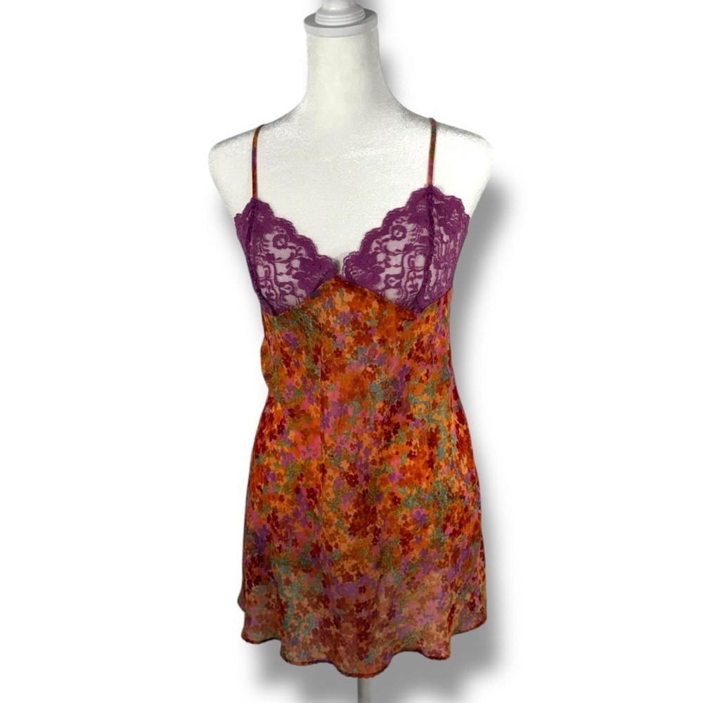 Victoria's Secret Lace Cup Semi Sheer Nightie Slip Dress, Violet Floral, Size L